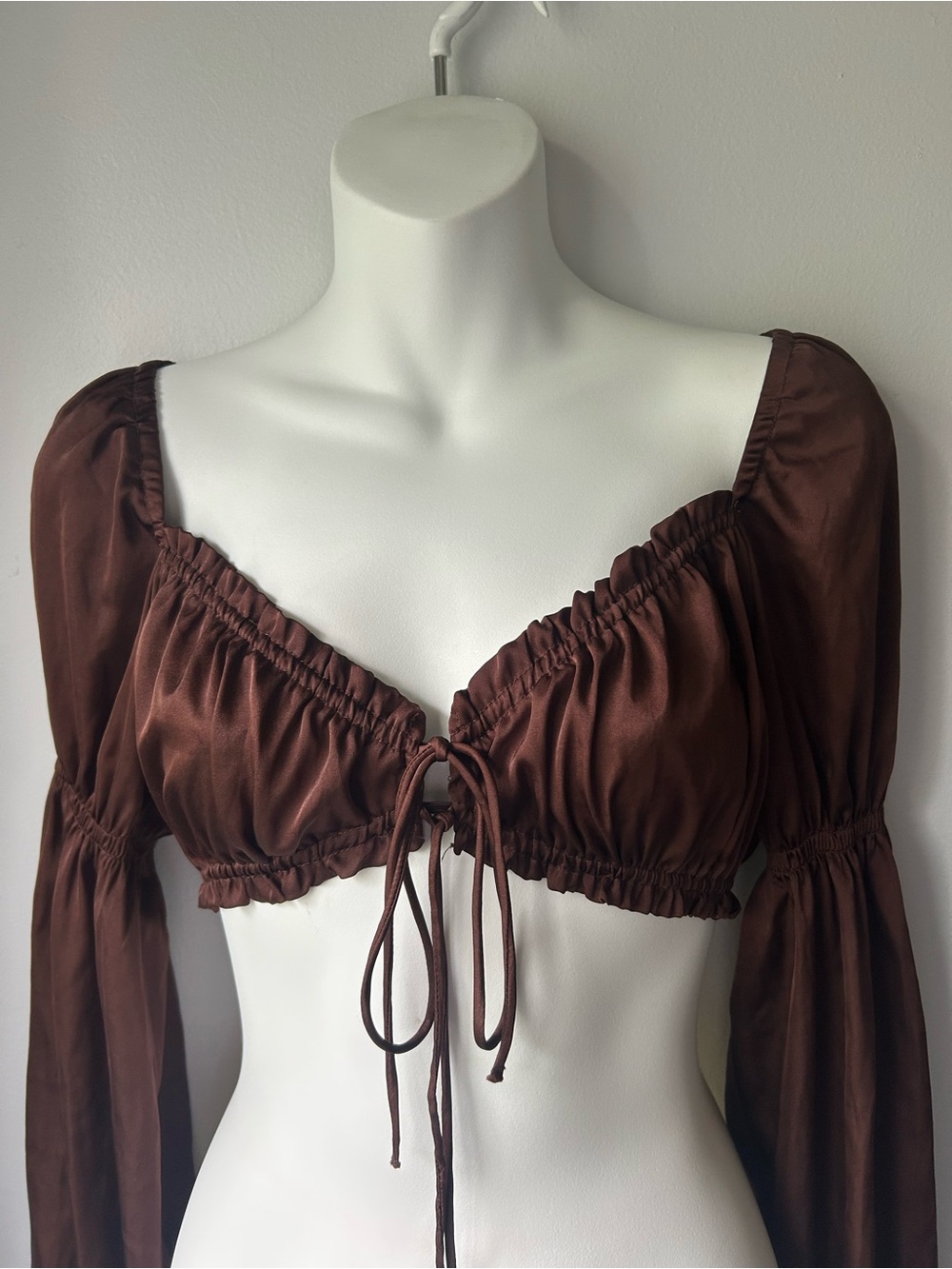Dark Chocolate Brown Satin Tie-Front Crop Top